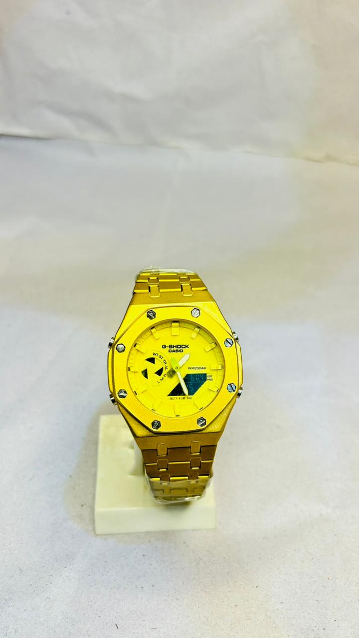 Yellow Gold-Tone Octagonal Sport Watch - Analog Digital