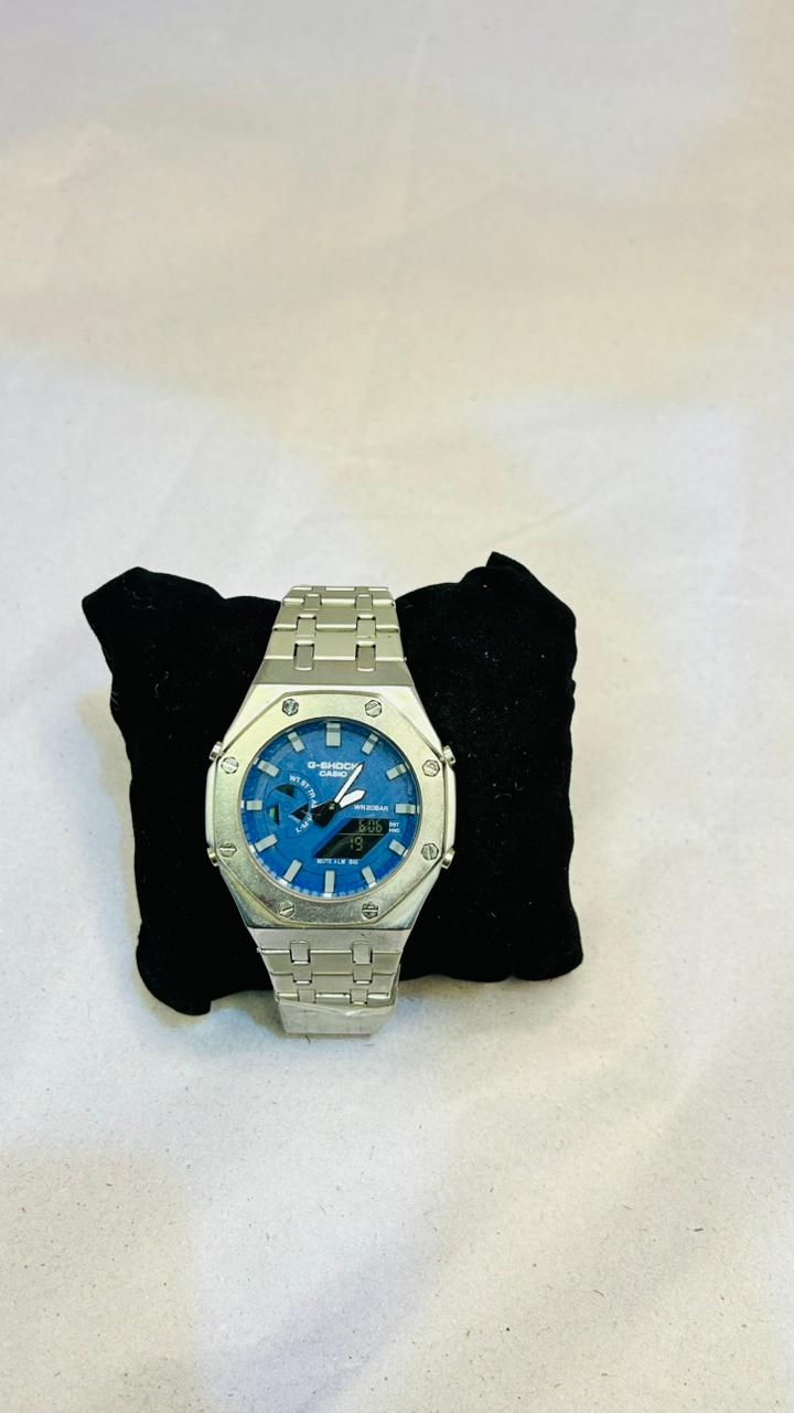 Silver Stainless Steel Octagonal Watch - Blue Dial