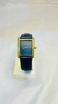 Elegant Gold-Tone Rectangular Watch - Deep Blue Dial & Leather Strap