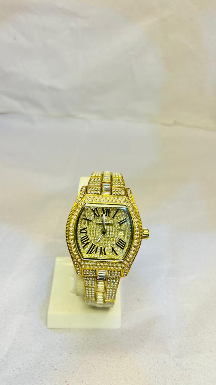 Iced Out Tonneau Gold-Tone Watch - Roman Numerals