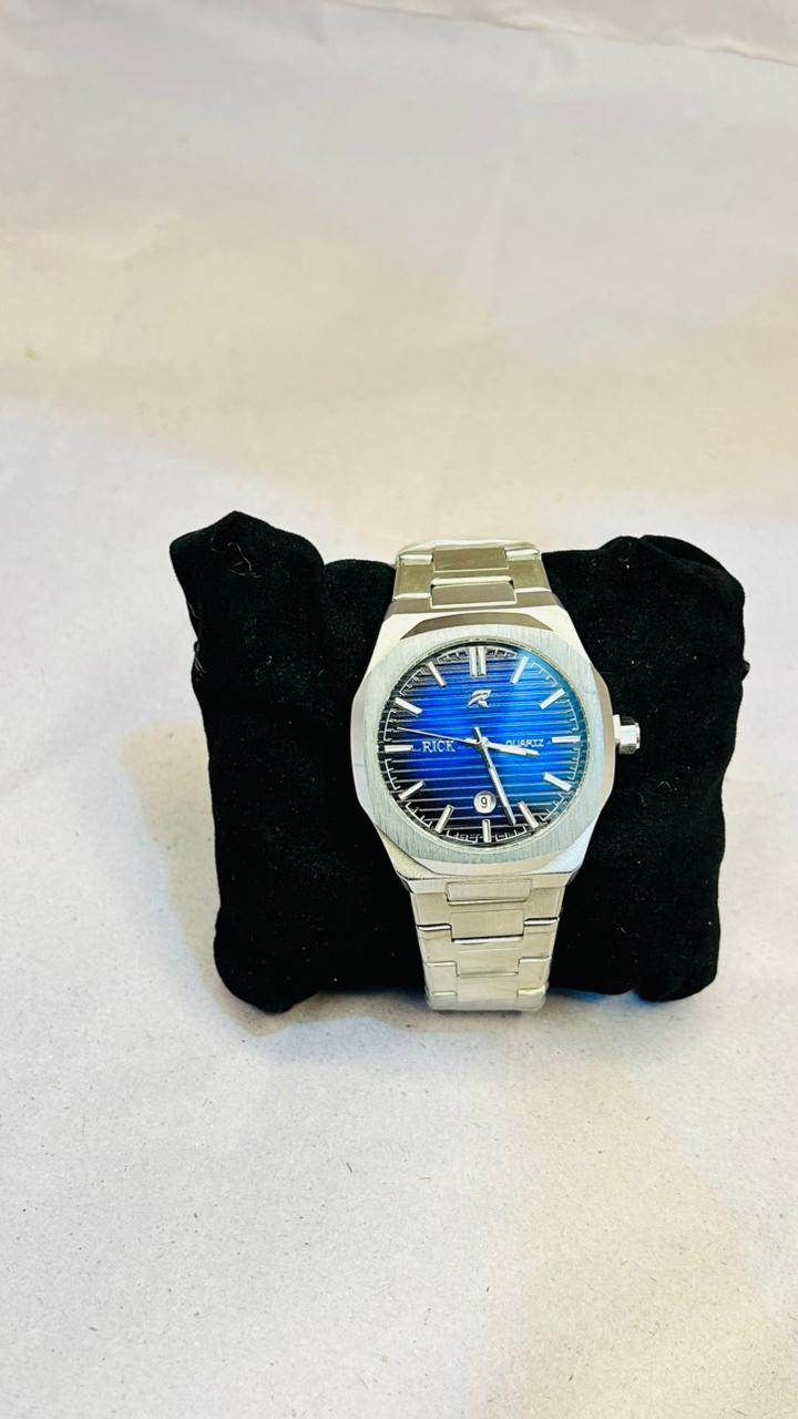 Silver Stainless Steel Octagonal Watch - Blue Textured Dial