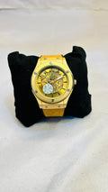 Luxury Gold-Tone Skeleton Dial Watch - Brown Suede Strap