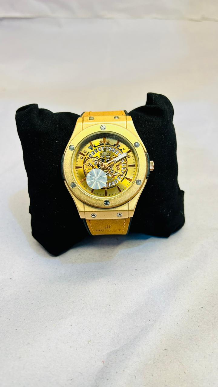 Luxury Gold-Tone Skeleton Dial Watch - Brown Suede Strap