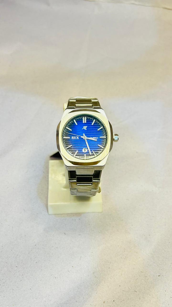 Classic Silver Steel Octagonal Watch - Blue Linear Dial